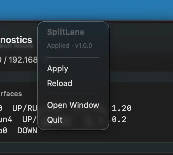 SplitLane menu bar popover with Apply and Reload